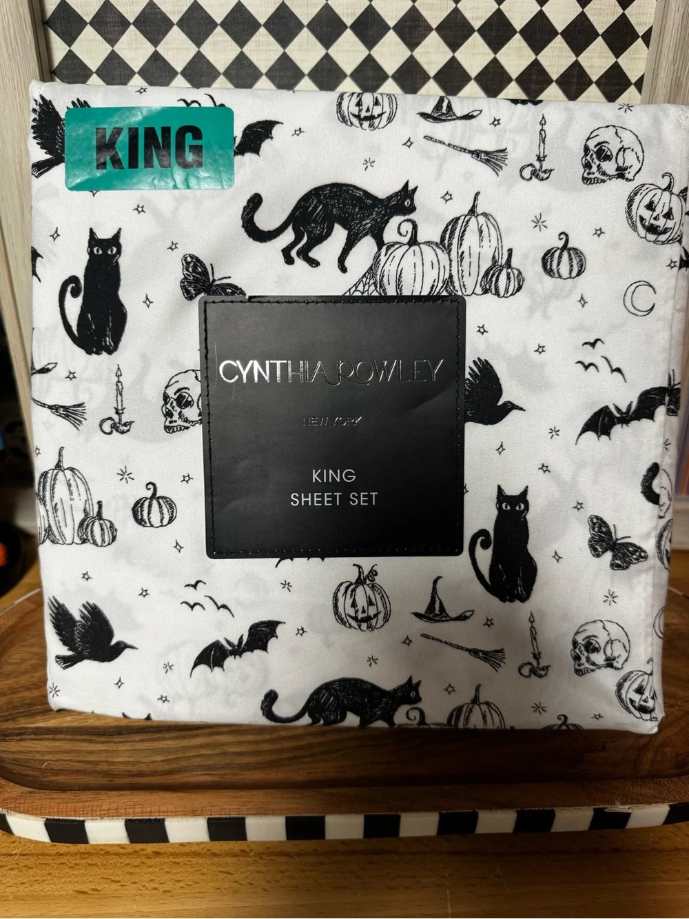 CYNTHIA ROWLEY King Sheet Set Halloween Haunted Toile Cats Bats Black White 4PC